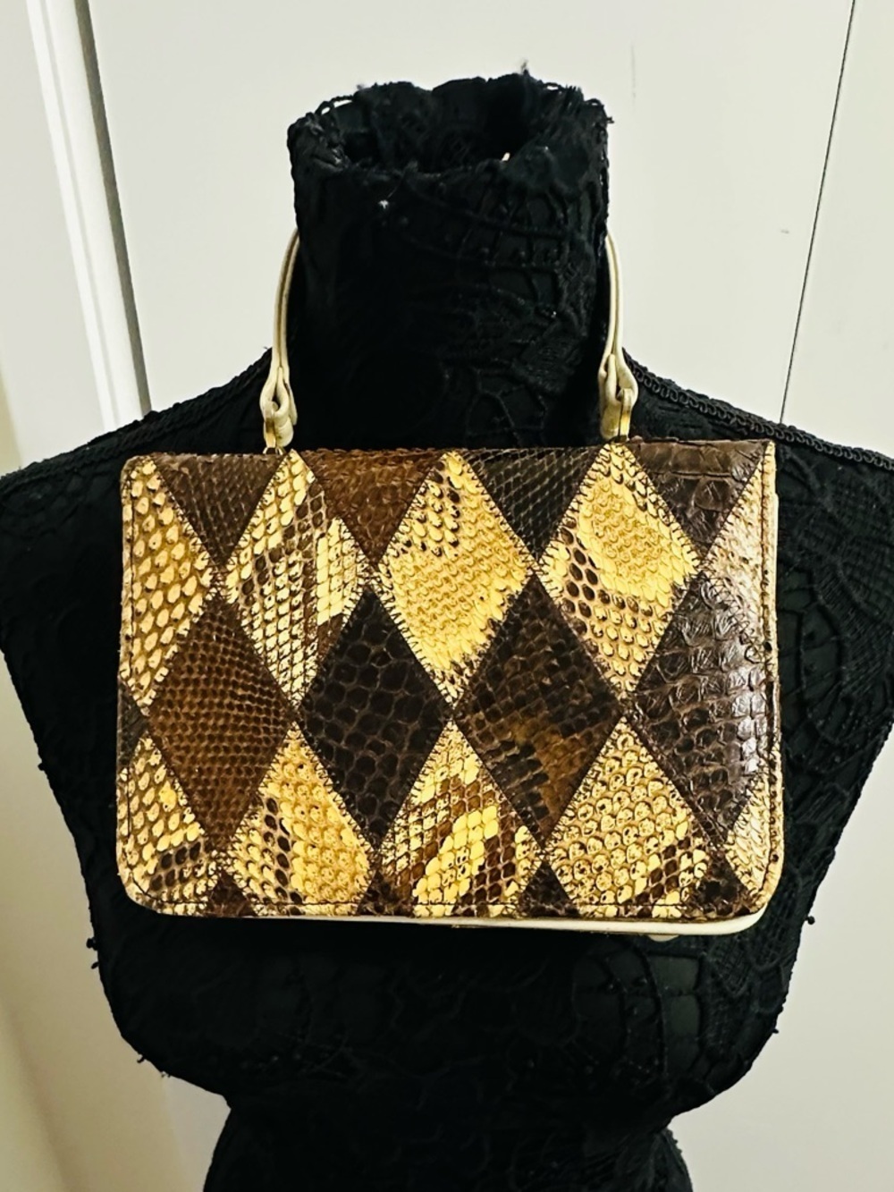 Vintage Snakeskin Patchwork Mini Top Handle Bag | Neutral Brown & Cream Leather